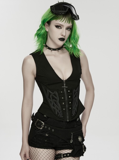 Black Twill V-Neck Segmentation Cutting Rubber Patches Cross Zipper Pendant Hardcore Cyberpunk Vest