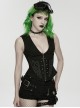 Black Twill V-Neck Segmentation Cutting Rubber Patches Cross Zipper Pendant Hardcore Cyberpunk Vest