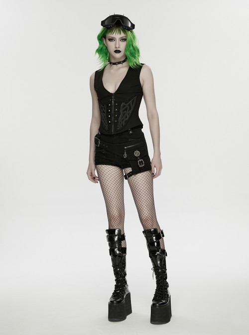 Black Twill V-Neck Segmentation Cutting Rubber Patches Cross Zipper Pendant Hardcore Cyberpunk Vest