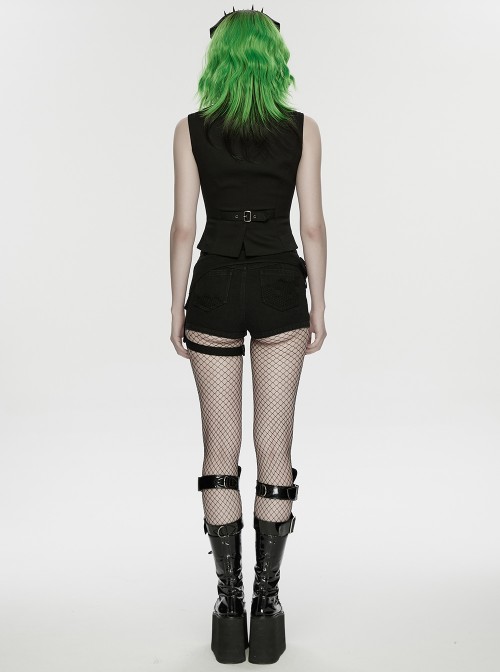 Black Twill V-Neck Segmentation Cutting Rubber Patches Cross Zipper Pendant Hardcore Cyberpunk Vest