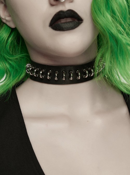 Black Leather Personalized Semi-Circular Metal Rings Rebellious Punk Female Choker