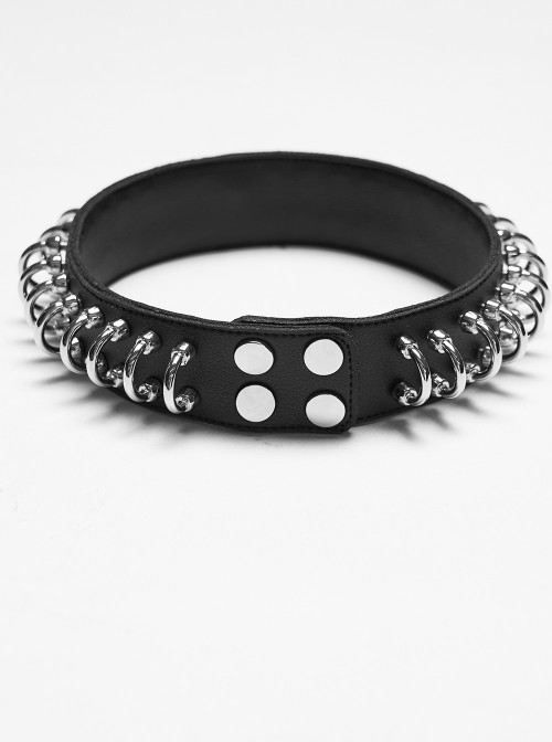 Black Leather Personalized Semi-Circular Metal Rings Rebellious Punk Male Choker