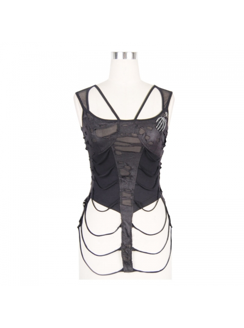 Broken Holes Knitted Striped Metal Skull Palm Back Lace-Up Black Punk Vest