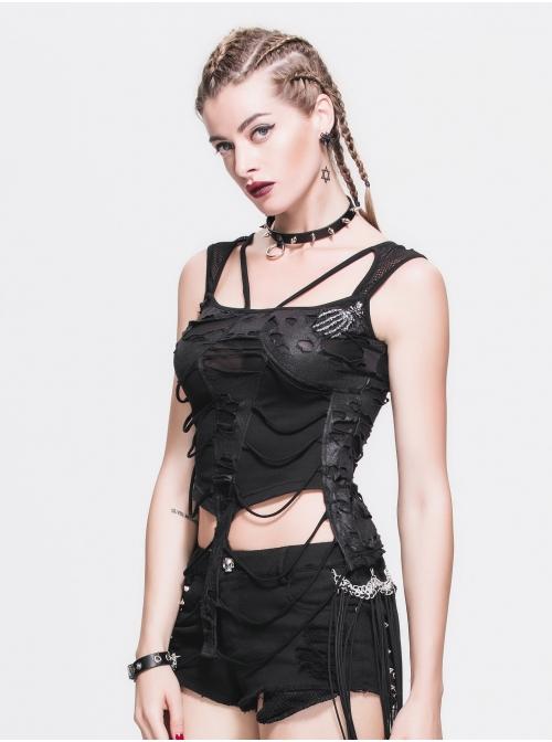 Broken Holes Knitted Striped Metal Skull Palm Back Lace-Up Black Punk Vest