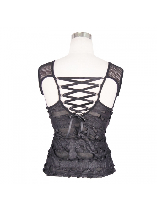 Broken Holes Knitted Striped Metal Skull Palm Back Lace-Up Black Punk Vest