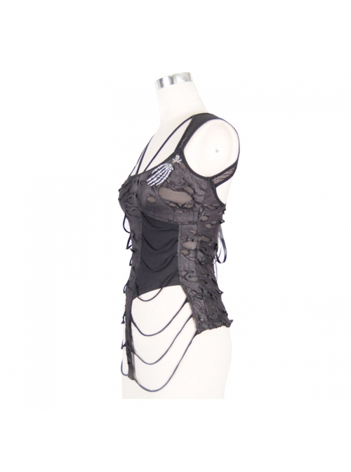 Broken Holes Knitted Striped Metal Skull Palm Back Lace-Up Black Punk Vest