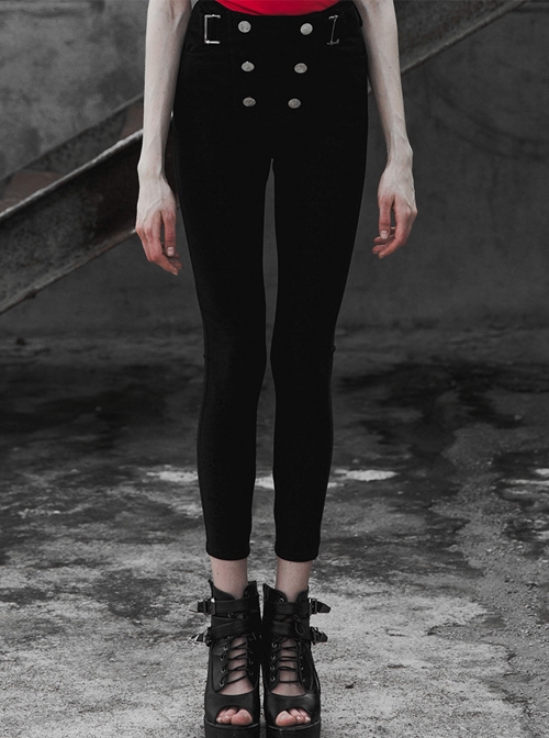 Steam Punk Female Buckle Black Elastic Skinny Pants