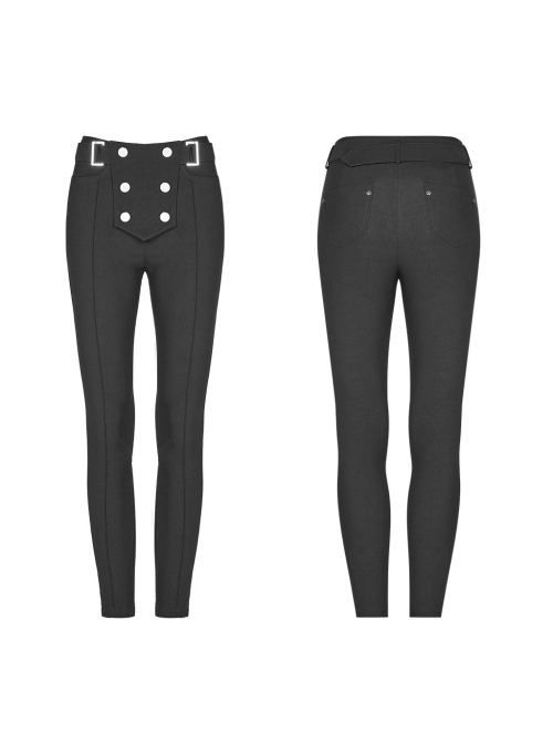 Steam Punk Female Buckle Black Elastic Skinny Pants