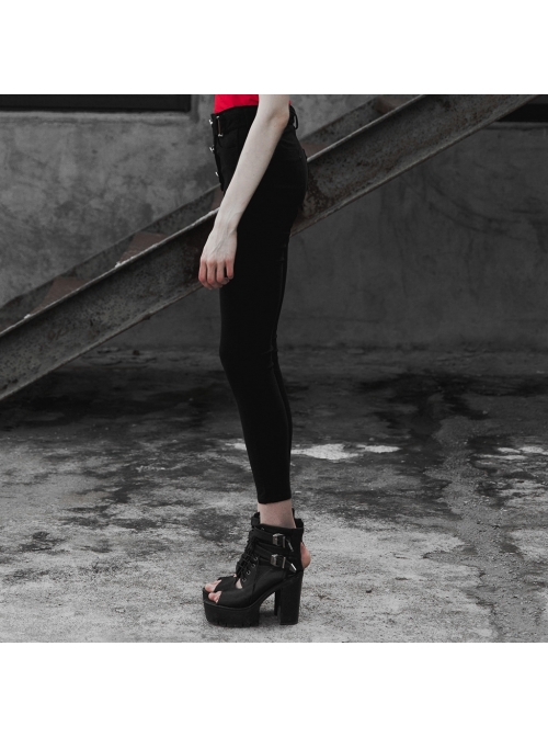 Steam Punk Female Buckle Black Elastic Skinny Pants