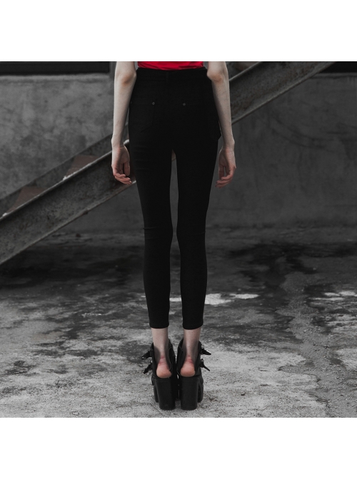 Steam Punk Female Buckle Black Elastic Skinny Pants