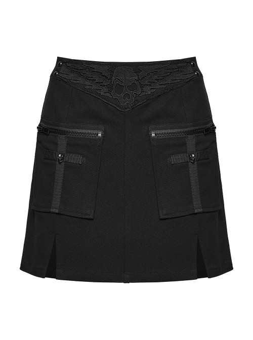 Black Twill Woven Waist Skulls Element Sides Large Pockets Hem Slit Design Punk Style Skirt