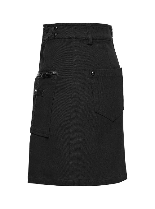 Black Twill Woven Waist Skulls Element Sides Large Pockets Hem Slit Design Punk Style Skirt