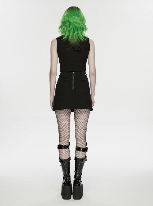 Black Twill Woven Waist Skulls Element Sides Large Pockets Hem Slit Design Punk Style Skirt