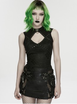 Black Elastic Icy Knit Snake Pattern Tattered Hollow Stand Collar Studded Punk Style Vest