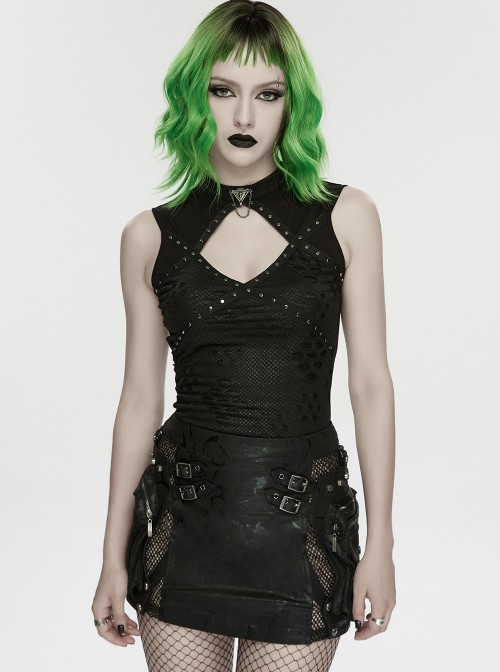 Black Elastic Icy Knit Snake Pattern Tattered Hollow Stand Collar Studded Punk Style Vest