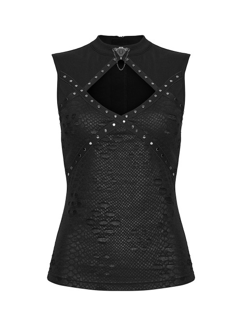 Black Elastic Icy Knit Snake Pattern Tattered Hollow Stand Collar Studded Punk Style Vest