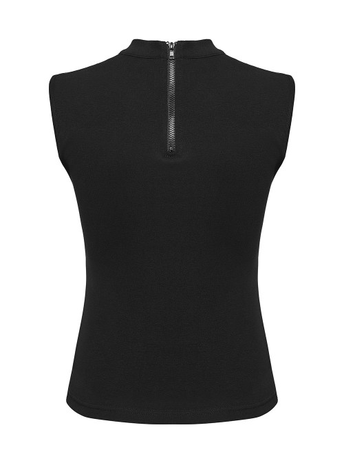 Black Elastic Icy Knit Snake Pattern Tattered Hollow Stand Collar Studded Punk Style Vest