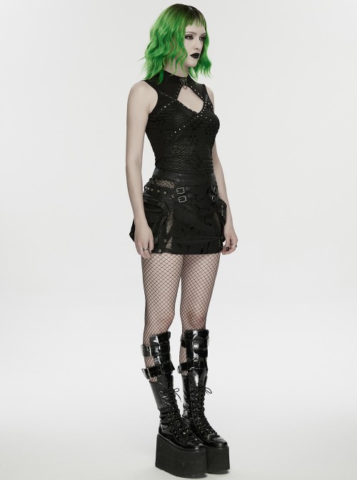 Black Elastic Icy Knit Snake Pattern Tattered Hollow Stand Collar Studded Punk Style Vest