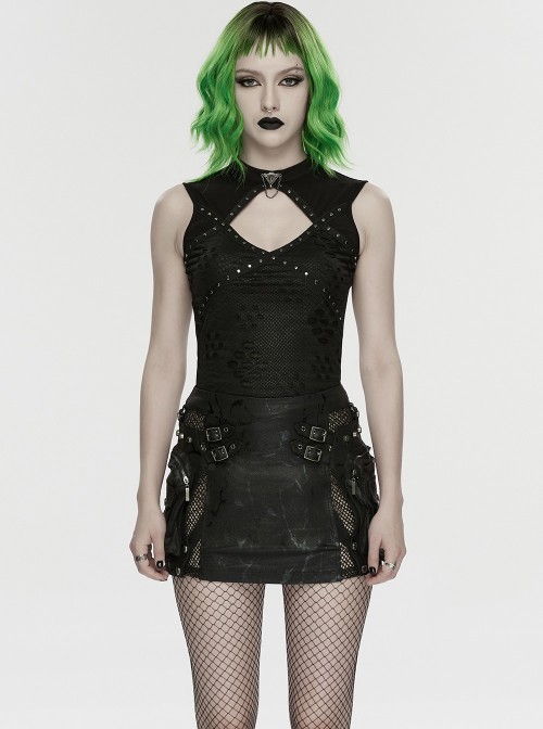 Black Elastic Icy Knit Snake Pattern Tattered Hollow Stand Collar Studded Punk Style Vest