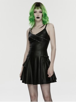 Black Rubberized Knit Rivets Side Loops Decoration A-Line Punk Style Slip Dress