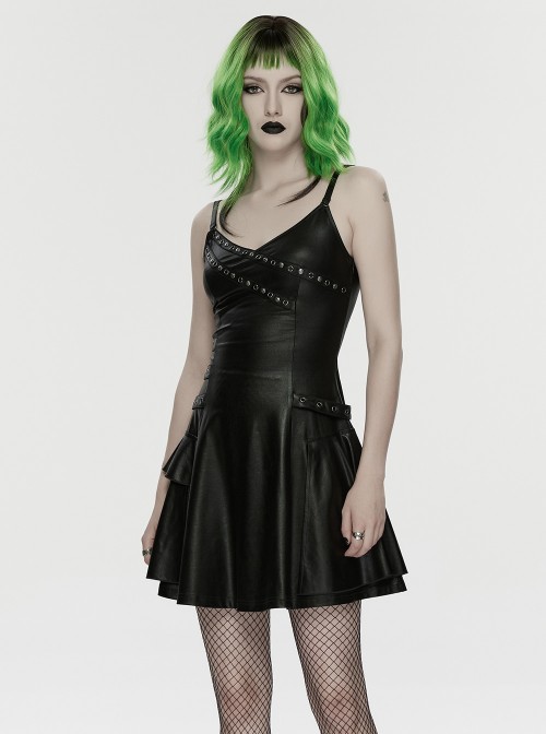 Black Rubberized Knit Rivets Side Loops Decoration A-Line Punk Style Slip Dress