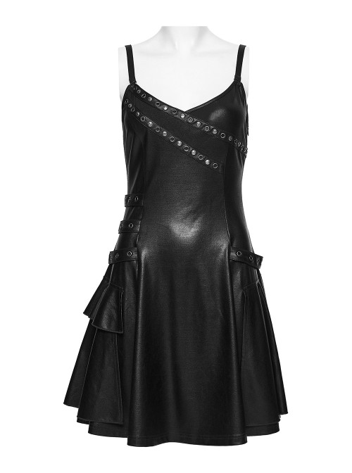 Black Rubberized Knit Rivets Side Loops Decoration A-Line Punk Style Slip Dress