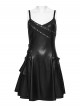 Black Rubberized Knit Rivets Side Loops Decoration A-Line Punk Style Slip Dress