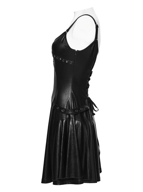 Black Rubberized Knit Rivets Side Loops Decoration A-Line Punk Style Slip Dress