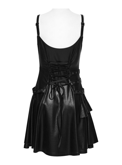 Black Rubberized Knit Rivets Side Loops Decoration A-Line Punk Style Slip Dress