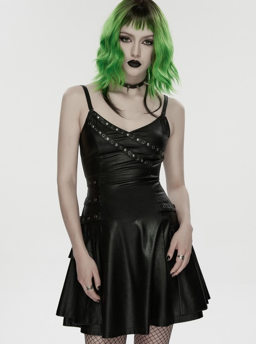 Black Rubberized Knit Rivets Side Loops Decoration A-Line Punk Style Slip Dress