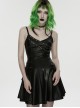 Black Rubberized Knit Rivets Side Loops Decoration A-Line Punk Style Slip Dress