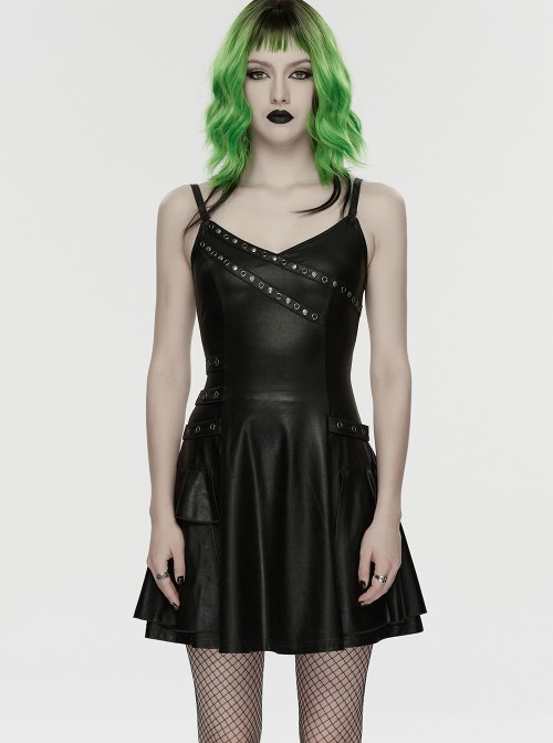 Black Rubberized Knit Rivets Side Loops Decoration A-Line Punk Style Slip Dress