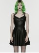 Black Rubberized Knit Rivets Side Loops Decoration A-Line Punk Style Slip Dress
