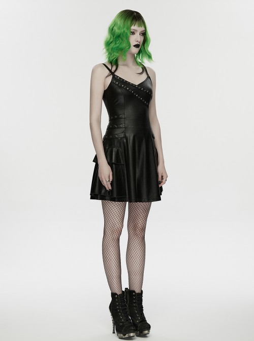 Black Rubberized Knit Rivets Side Loops Decoration A-Line Punk Style Slip Dress
