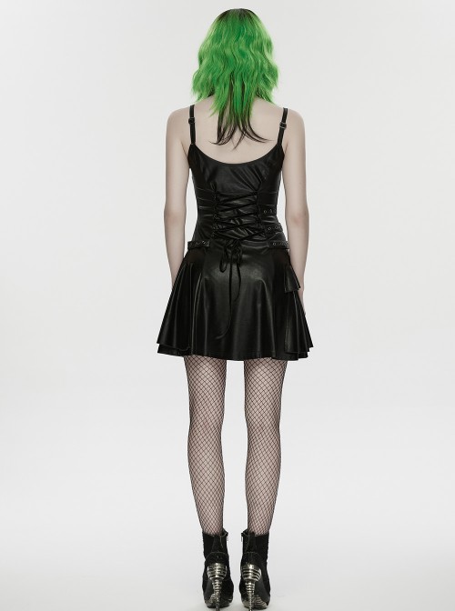 Black Rubberized Knit Rivets Side Loops Decoration A-Line Punk Style Slip Dress