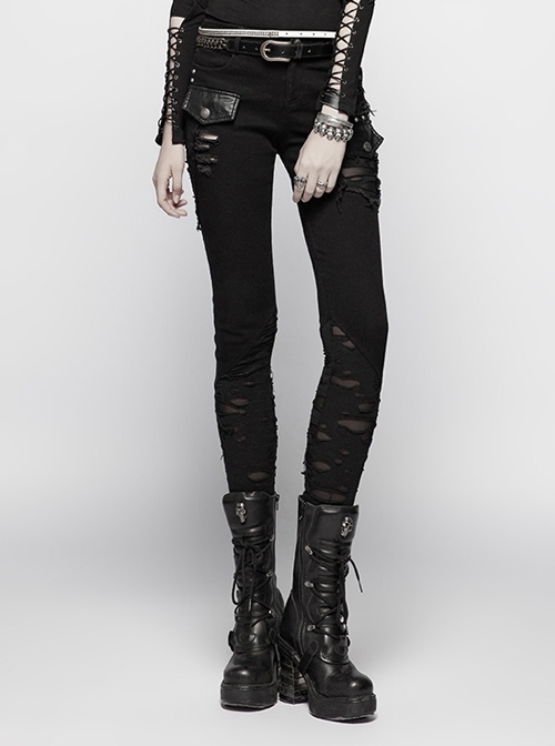 Steam Punk Casual Female Black Irregular Ripped Skinny Jeans
