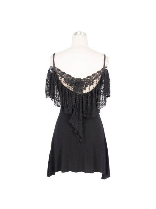 Black Off-Shoulder Lace Tassel Back Over Hip Gothic T-Shirt