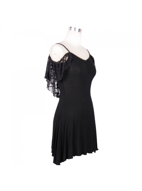 Black Off-Shoulder Lace Tassel Back Over Hip Gothic T-Shirt
