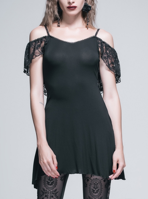 Black Off-Shoulder Lace Tassel Back Over Hip Gothic T-Shirt