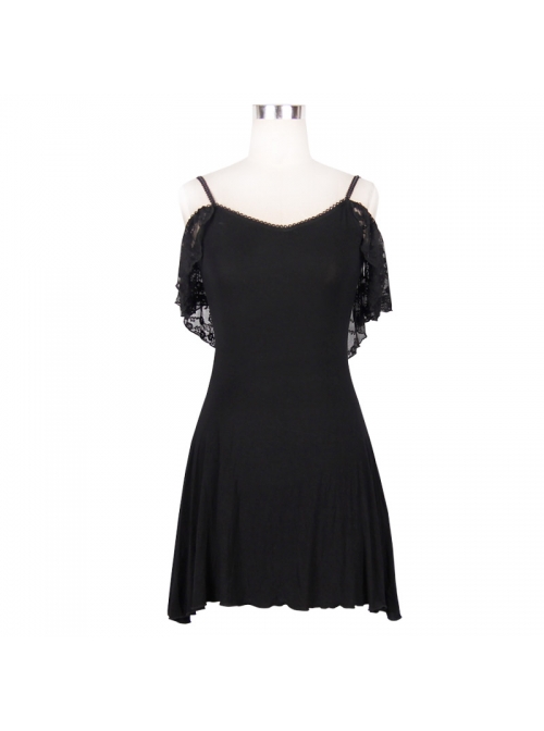 Black Off-Shoulder Lace Tassel Back Over Hip Gothic T-Shirt