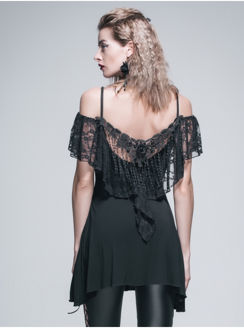 Black Off-Shoulder Lace Tassel Back Over Hip Gothic T-Shirt
