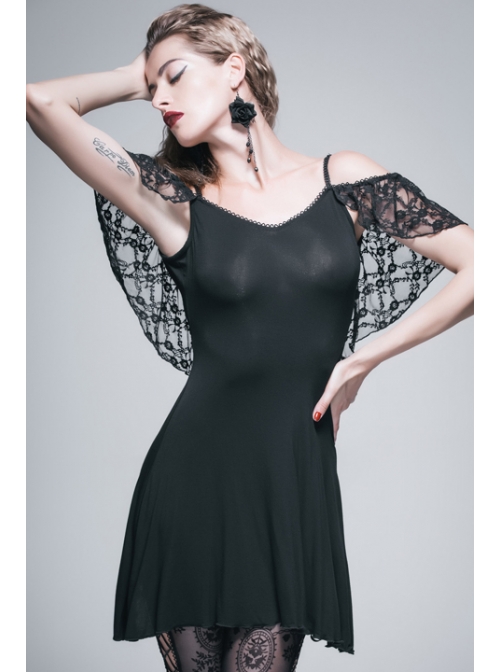 Black Off-Shoulder Lace Tassel Back Over Hip Gothic T-Shirt