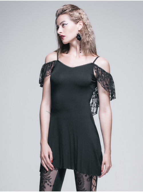 Black Off-Shoulder Lace Tassel Back Over Hip Gothic T-Shirt