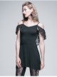 Black Off-Shoulder Lace Tassel Back Over Hip Gothic T-Shirt