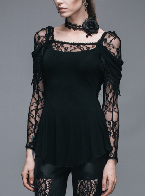 Rose Lace Back Cowls Collar Long Sleeve Side Tassels Round Hem Black Gothic T-Shirt