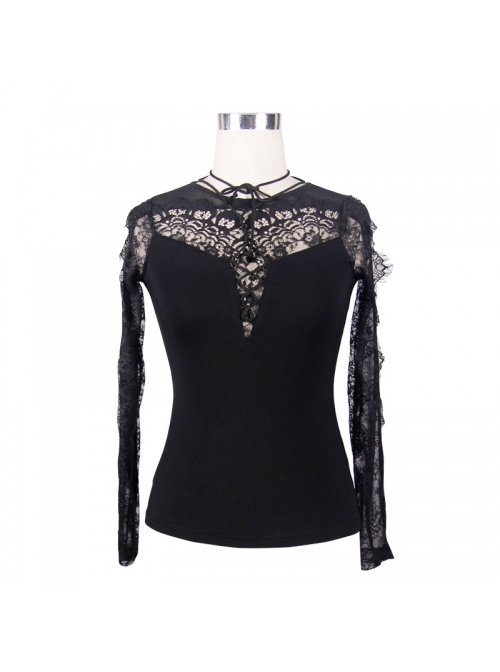 Positioning Pattern Lace Eyelash Lace Long Sleeve Chest Lace-Up Black Gothic T-Shirt