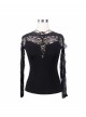 Positioning Pattern Lace Eyelash Lace Long Sleeve Chest Lace-Up Black Gothic T-Shirt