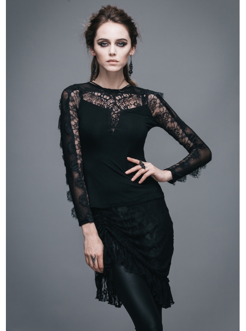 Positioning Pattern Lace Eyelash Lace Long Sleeve Chest Lace-Up Black Gothic T-Shirt