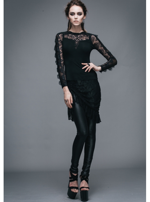 Positioning Pattern Lace Eyelash Lace Long Sleeve Chest Lace-Up Black Gothic T-Shirt