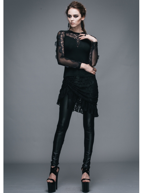 Positioning Pattern Lace Eyelash Lace Long Sleeve Chest Lace-Up Black Gothic T-Shirt